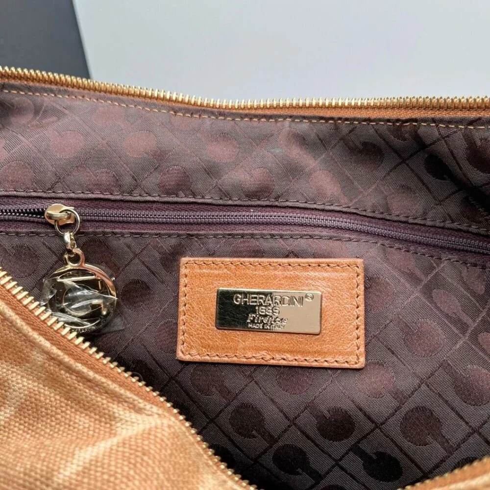 GHERARDINI TAN BEIGE GIRAFFE ANIMAL PRINT CANVAS LEATHER COMBO SHOULDER BAG - OS - Picture 8 of 10